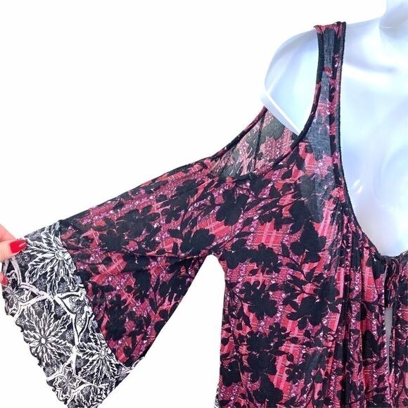 Free People Red Black Cold Shoulder Top - Picture 10 of 10